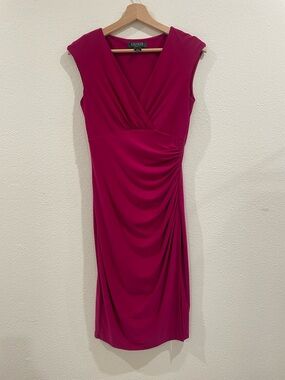 Lauren Ralph Lauren Pink Ruched Fitted Midi Dress Size 2 Wedding Guest Formal